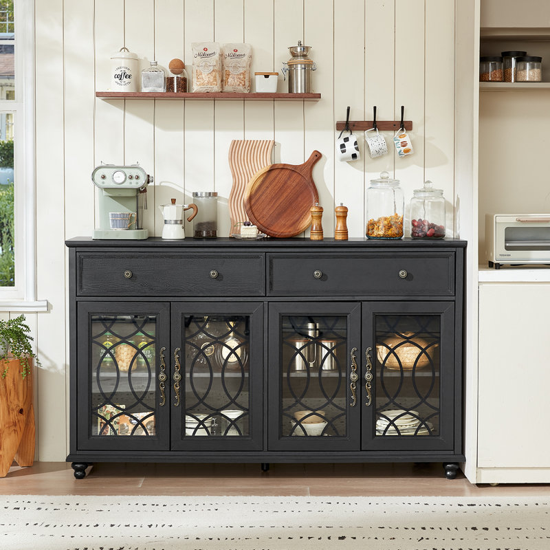 Farmhouse Sideboard Buffet Cabinet With Storage,59" Large Credenza With 4 Glass Doors & 2 Drawers,Adjustable Shelves Console Table,Wood Kitchen Coffee Bar For Dining Room,Living Room