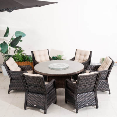 6 - Person Wicker Patio Dining Set With Round Table , Cushions Included