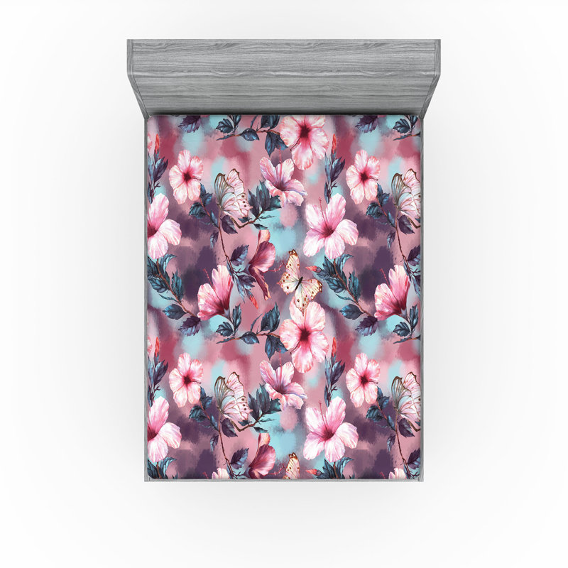 Drap-housse à motif floral Ambesonne, Rose, prune, bleu pâle / floral, Drap-housse de taille double