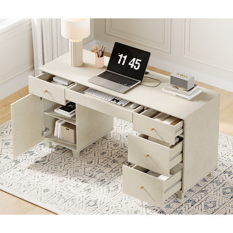 58" Executive Desk With 4 Drawers And 1 Door, Modern Farmhouse Home Office Computer Table With Charging Station, Keyboard Tray