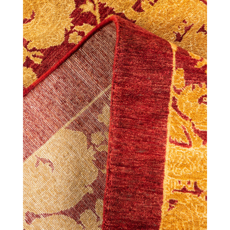 Tapis rouge / jaune noué à la main de conception unique 4 pi 2 po x 6 pi Vanson Mogul