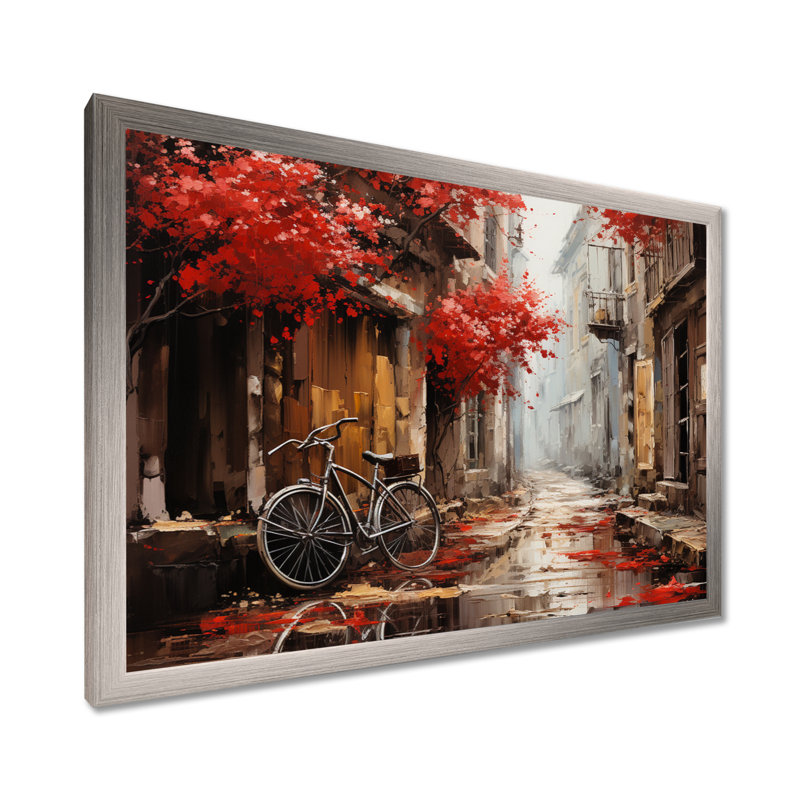 Crimson Ride Red Flowers I - Art mural de bicyclette pour le salon, H 30 po x l 40 po x P 1,5 po, Cadre argenté