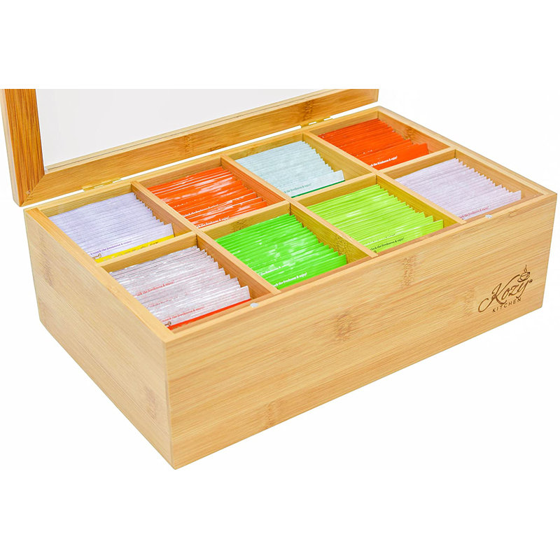 Large Bamboo Tea Box with Clear Hinged Lid and 8 Compartments