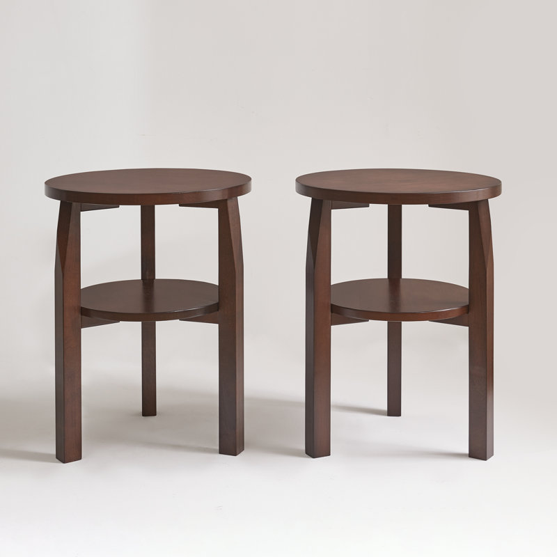 Table de bout ronde en bois d'hévéa massif avec tablette de rangement à 2 niveaux (ensemble de 2)