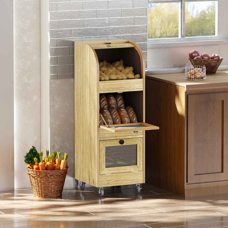 38" Potato Storage Bin, 3-Tier Roll Top Bread Box, Movable Wood Onion Storage with Wheels and 3 Cabinets, Vegetable Organization Cabinet for Kitchen