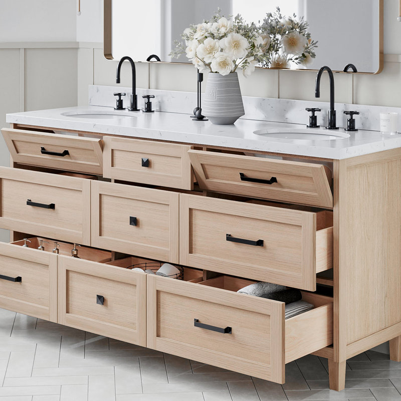 ARIEL Monrow 72" Solid Wood Double Sink Bathroom Vanity in Oak with 1.5" Carrara White Quartz Top, Center, Oval Sink, Oak