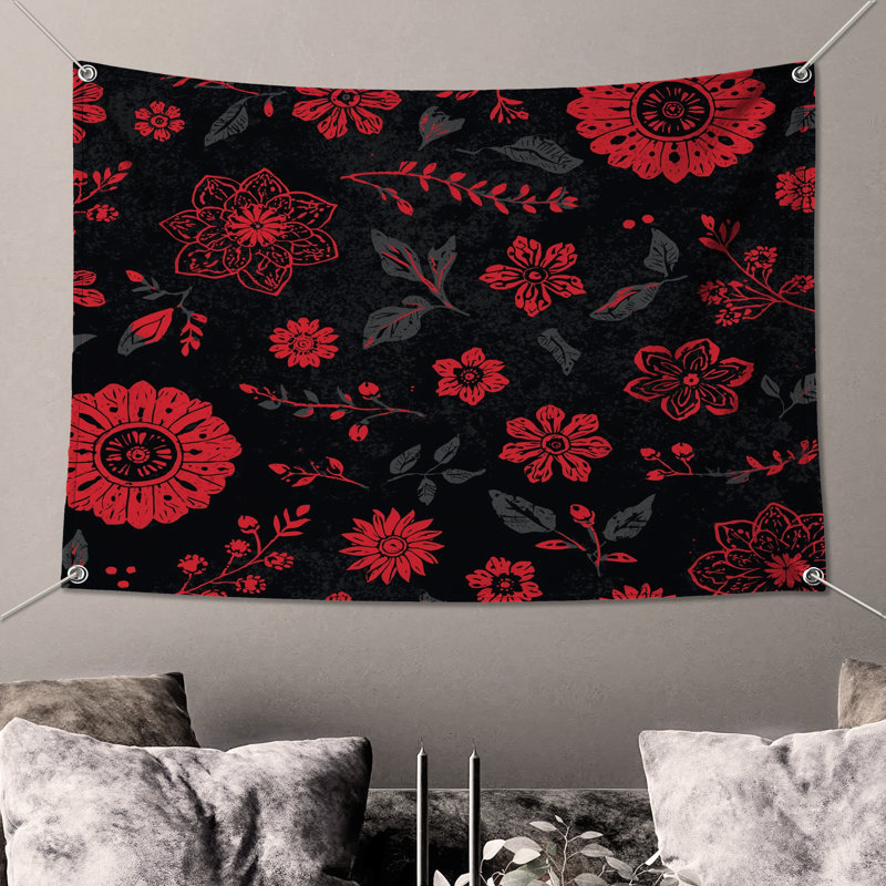 Tapisserie murale rouge à motif floral - décoration murale florale, 50in H x60in W with 4 Grommets