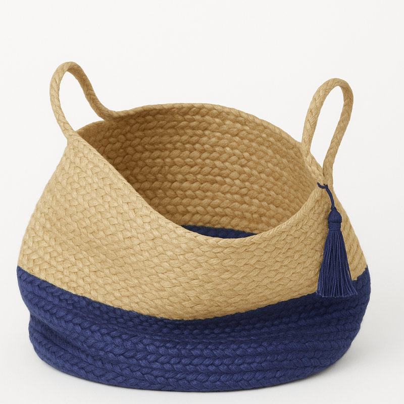 Handmade Round Tan and Sapphire Blue Jute Storage Basket with Loop Handles