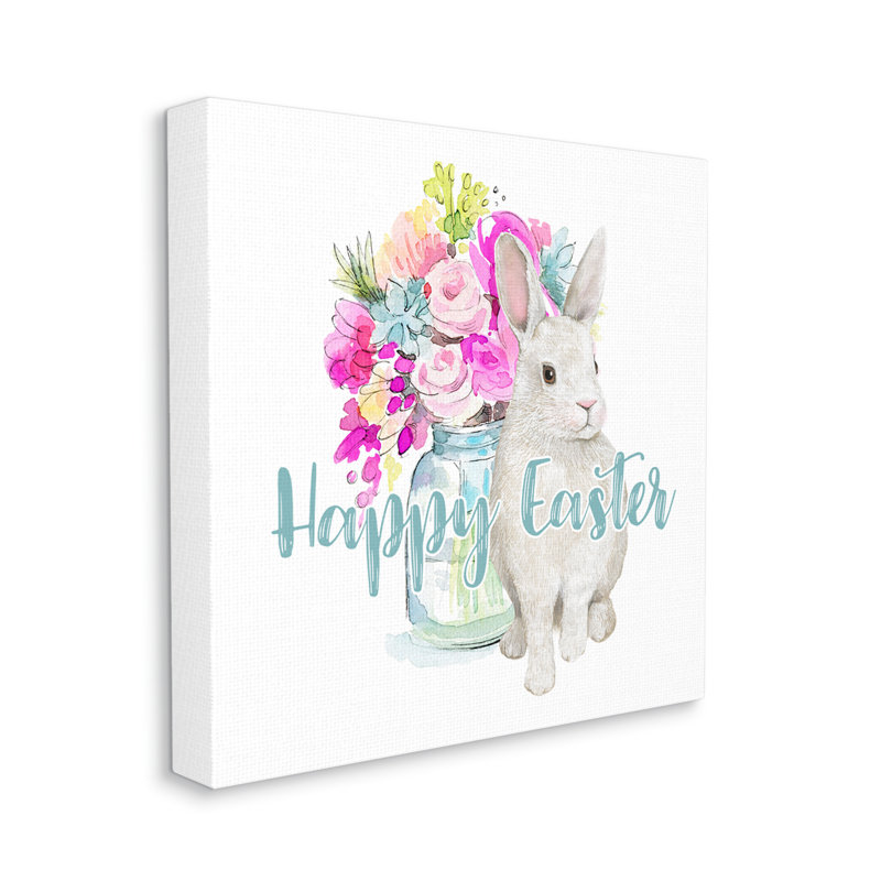 Joyeuses Pâques, calligraphie de lapin, bouquet de fleurs roses, estampe numérique encadrée de Jennifer Wambach, Toile tendue