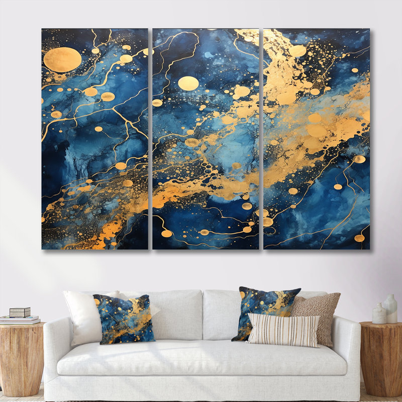 Sparkling Gold Blue Ocean - ensemble d'art mural en marbre, Toile tendue, H 40 po x l 60 po x P 1 po