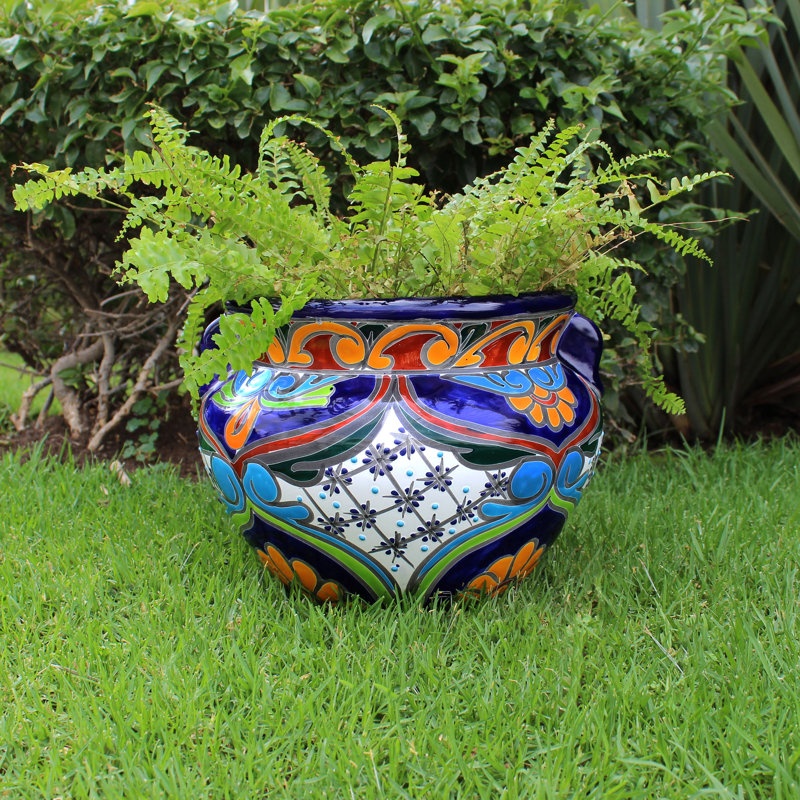 Multi-colored 12" Talavera Ceramic Chata Planter, 10" H x 12" W x 12" D