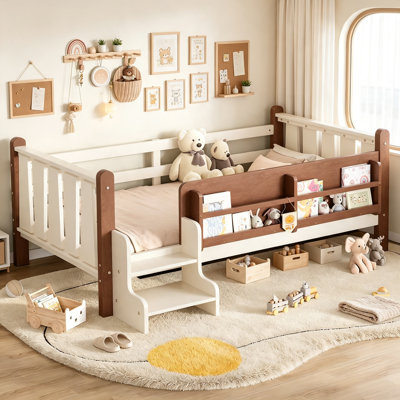 Montreal Floor Daybed for Kids, Low Profile Wood Bed with Guardrail and Side Bookshelf for Boys Girls, Twin Size, Beige+Natural