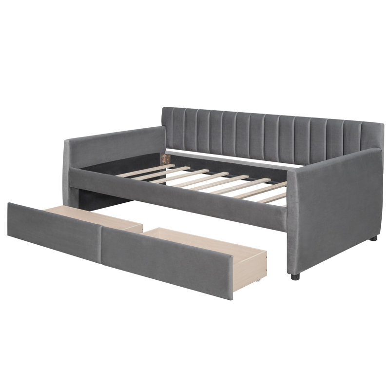 Lit de jour simple tapissier avec tiroirs, Gris
