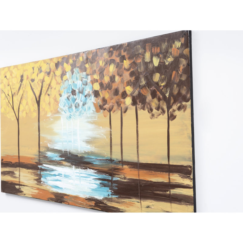 Peinture sur toile jaune moutarde 47 po x 27 po pour l'automne, art exquis peint à la main, thème de l'automne