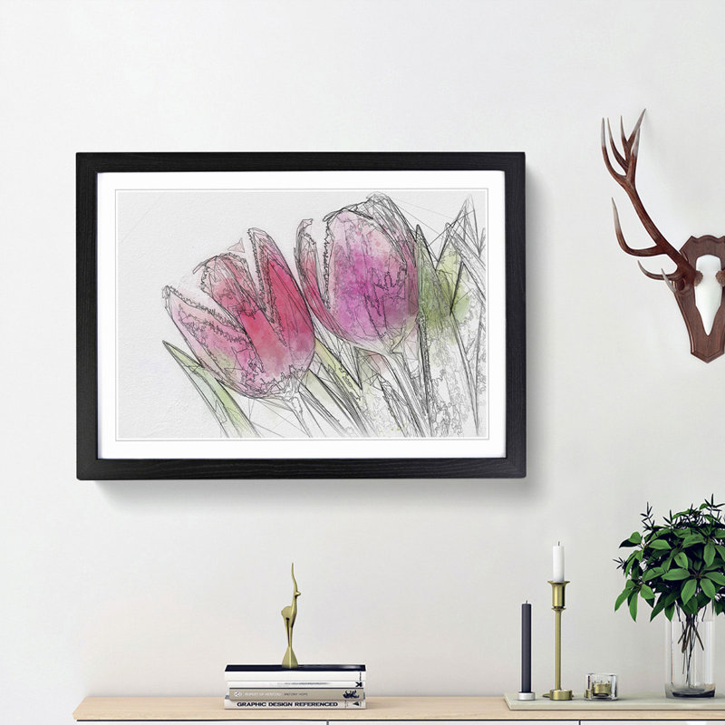 Pair of Pink Tulip Flowers in Abstract - Picture Frame Drawing Print, Black Framed, 36cm H x 48cm W x 2cm D