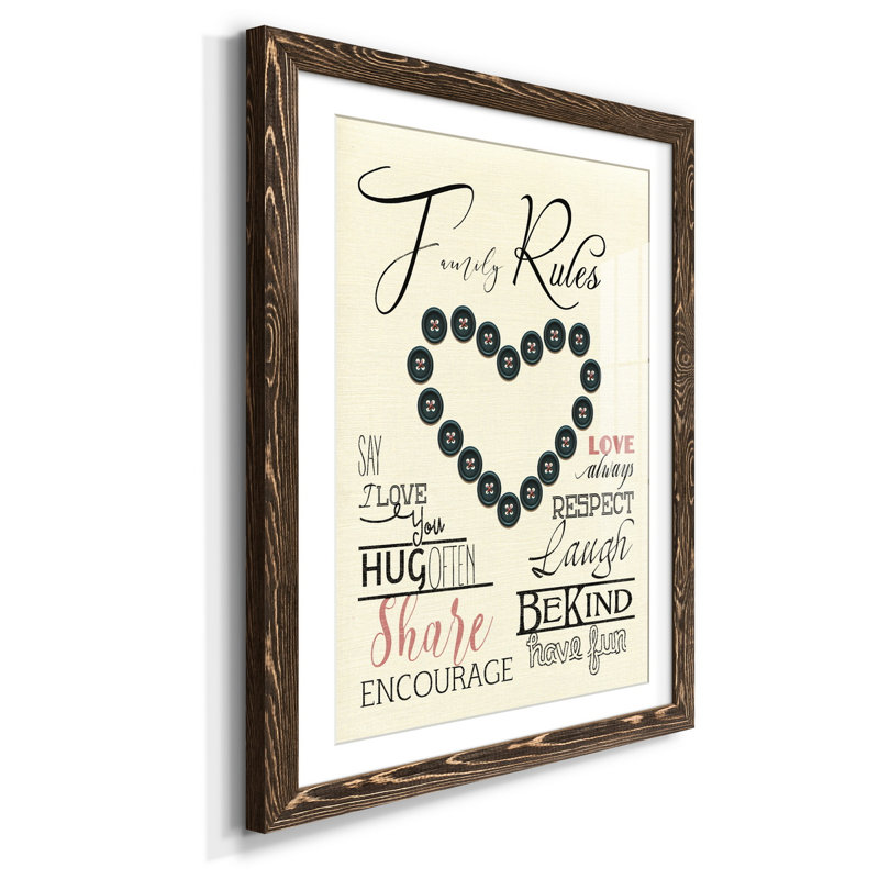 Family Rules Boutons - Impression de cadre photo sur papier, H 37,5 po x l 27,5 po x P 1,5 po, Noyer