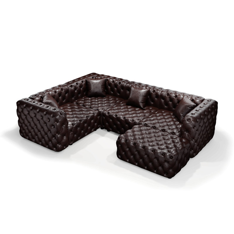Ensemble de canapé moderne en forme de L de 103,8 po, canapé modulaire rembourré en similicuir 4 places avec conception touffetée à la main pure, 1 repose-pieds et 4 coussins, combinaison multiple pour le salon