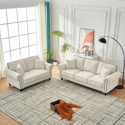 Modern 3+2 Seater Sofa with Rolled Arms,Chenille Upholstered Couch with Wood Legs and Nailhead Trim for Living Room, Apartment