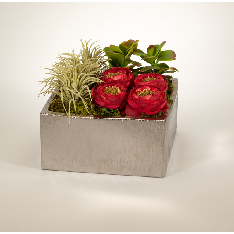 Geometric Cabbage Roses Floral Arrangement in Planter, Red