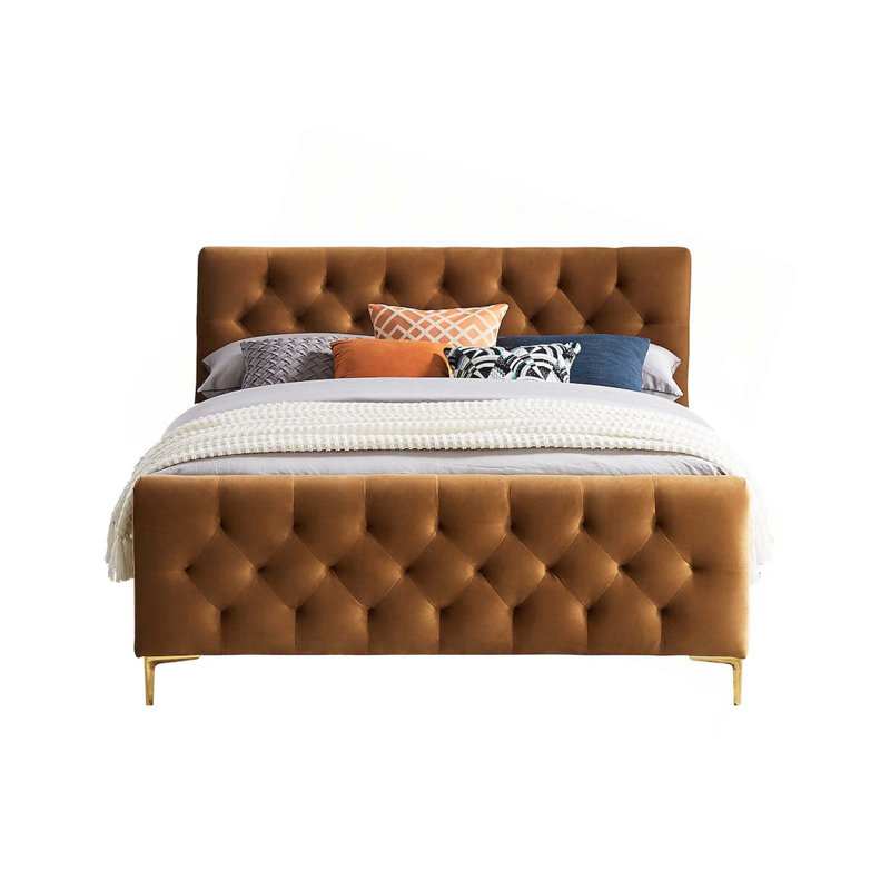 Luxueux design capitonné, lit minimaliste moderne, Cognac, Grand
