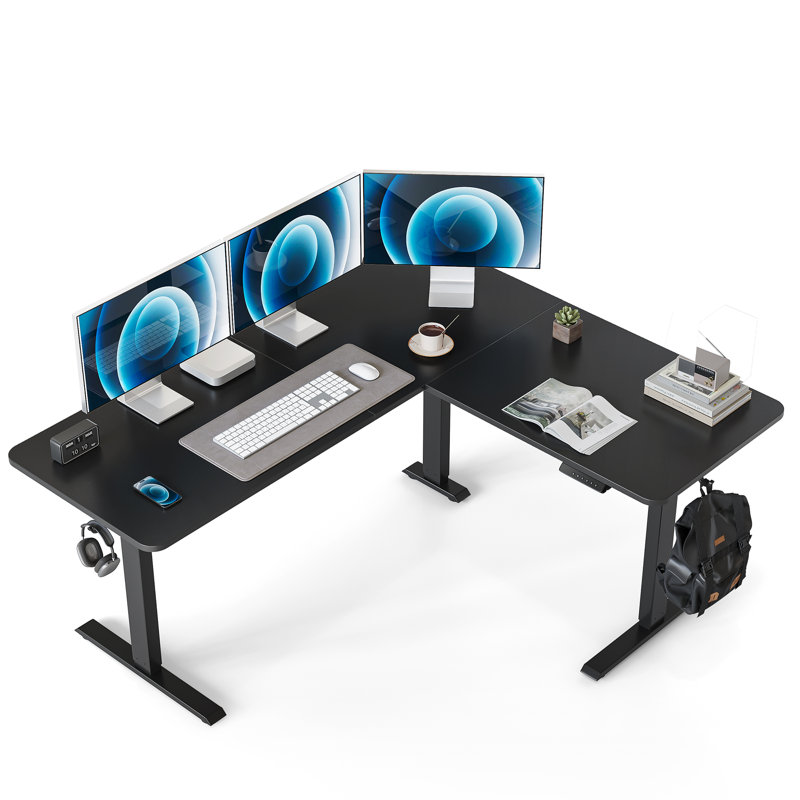 Bureau debout réglable en forme de L, Noir / Noir, H 28,3 po x l 63 po x P 55 po
