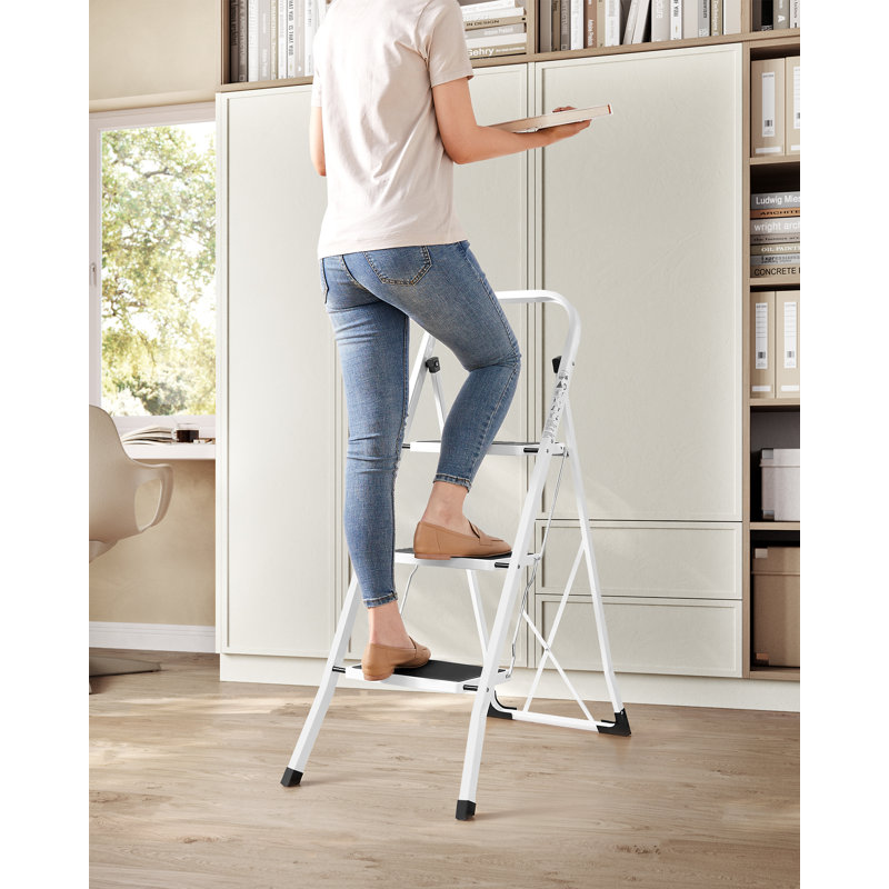 3 - Step Steel Folding Step Stool, White/Black