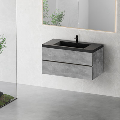Meuble-lavabo flottant 42 po avec lavabo, meuble-lavabo mural avec lavabo en quartz noir et tiroirs à fermeture en douceur entièrement assemblés