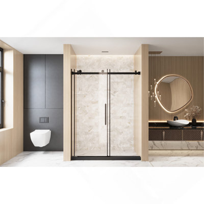 Frameless Single sliding shower door 56-60 "W x 76"H, 1/4 "(6 mm) Clear Tempered Glass, Explosion Proof Film, Stainless Steel Handle Square Tube Track ,Matte Black