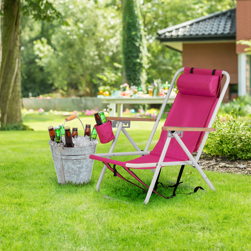 Chaise de plage pliante, chaise de camping pliable à 4 positions avec porte-gobelet et accoudoirs en bois, rose