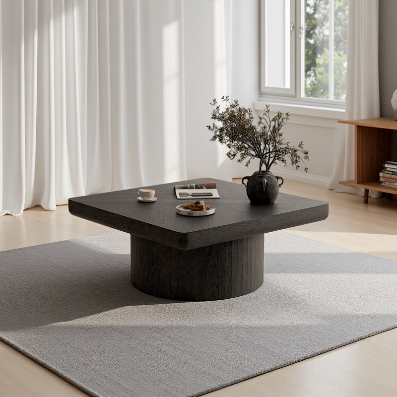 Table basse carrée de 34,6 po pour le salon, plateau en placage de bois moderne avec motif de parquet et base cylindrique, plateau de table épaissi, assemblage facile