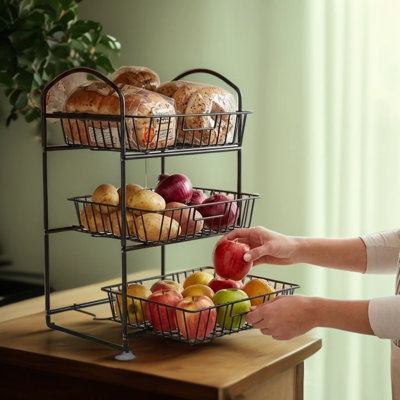 Three Tier Fruit Basket with Detachable Metal Bowls and Banana Hangers, Large Capacity Kitchen Countertop Organizer for Fruits, Vegetables, Bread, Snacks, and Pantry Storage