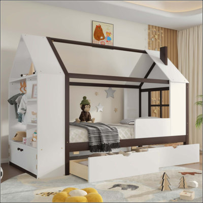 Lit plateforme House avec tiroirs, lit maison en bois massif avec tablettes, conception enfantine