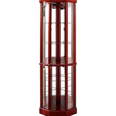 Armoire vitrée d'angle à 6 tablettes avec tablettes réglables en verre et miroir arrière en cerisier