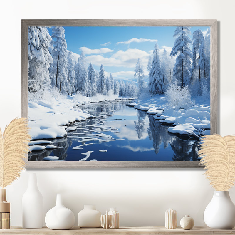 «Winter Snowy Serenity III - Winter Landscape», art mural, Cadre simple argenté, H 16 po x l 32 po x P 1 po