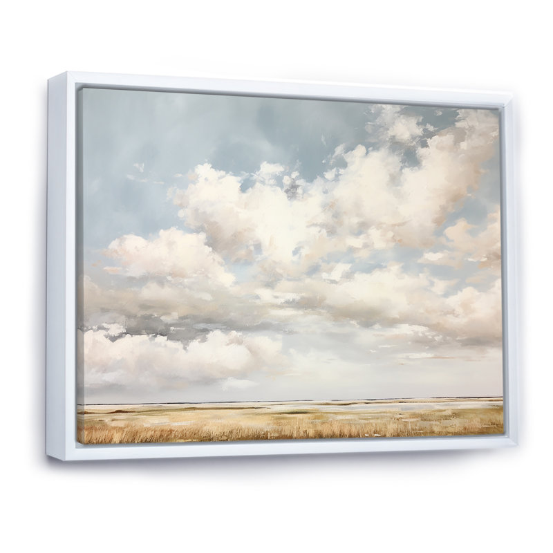 Nuage blanc paysage minimaliste - décoration murale nuages, H 30 po x l 40 po x P 1,5 po, Cadre flottant blanc