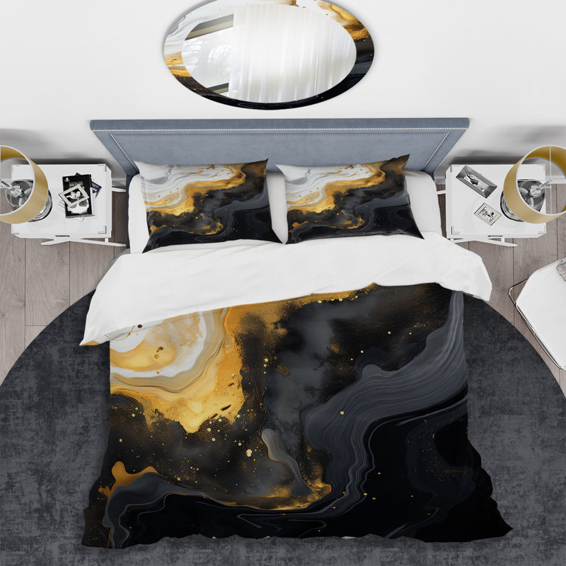 Ensemble de housse de couette en marbre doré et noir Essence III - Abstract Marble, Housse de couette pour lit simple