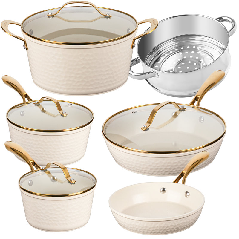 Gotham Steel 10 Piece Hammered Nonstick Ceramic Cookware Set, Cream