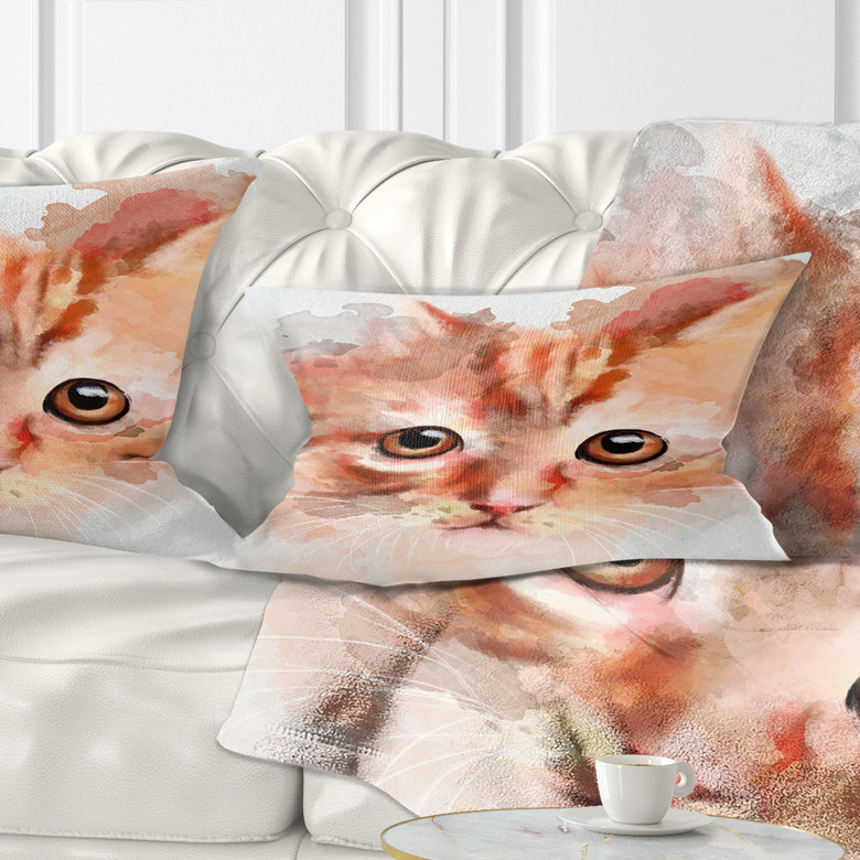 Croquis de chaton aquarelle rouge - coussin décoratif imprimé animal