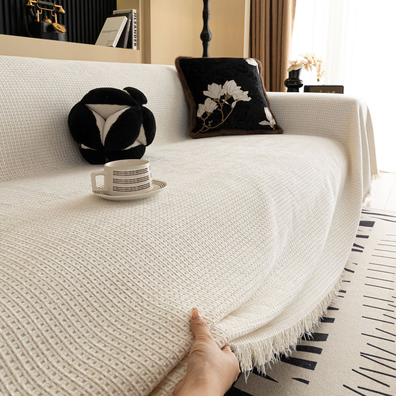 Housse de canapé une pièce en chenille gaufrée et polyvalente, H 71 po x l 118 po x P 0,1 po, Chenille beige