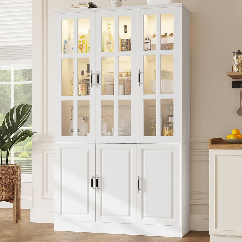 78.7" Tall Pantry Cabinet With Led Lights, Freestanding Kitchen Pantry With Glass Doors, Large Food Storage Cabinet, (47.2" W X 15.7" D)