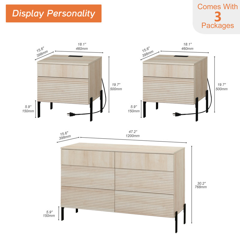 Ensemble de commode et de table de chevet 6 tiroirs pour la chambre à coucher, ensemble de chambre à coucher 3 pièces à motif de roseaux minimaliste, commode double en chêne avec poignées cachées
