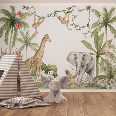 Papier peint animaux de la jungle avec des éléphants et des feuilles tropicales