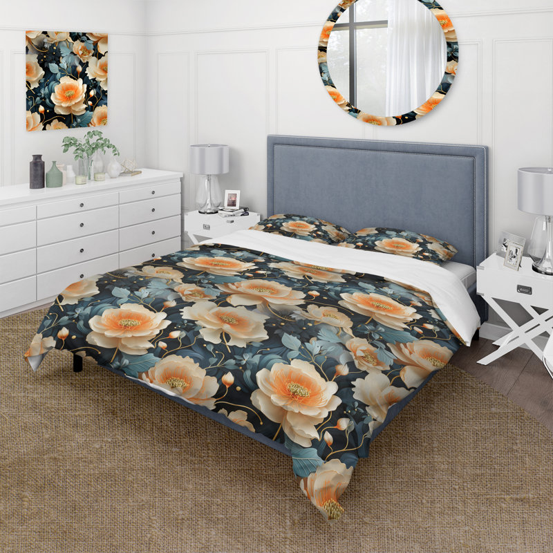 Ensemble de housse de couette floral Teal & Peach Floral Futuristic Elegance, Housse de couette pour très grand lit et 2 très