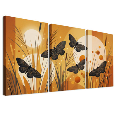«Black Butterflies And Cattails On Orange», ensemble de 3 toiles murales