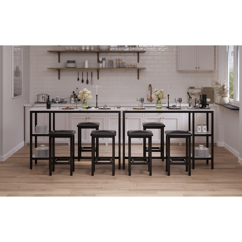 3-People Counter Heihgt Dining Set W/Storage, 4 Piece Kitchen Bar Table Set W/3 Upholstered Stools, White