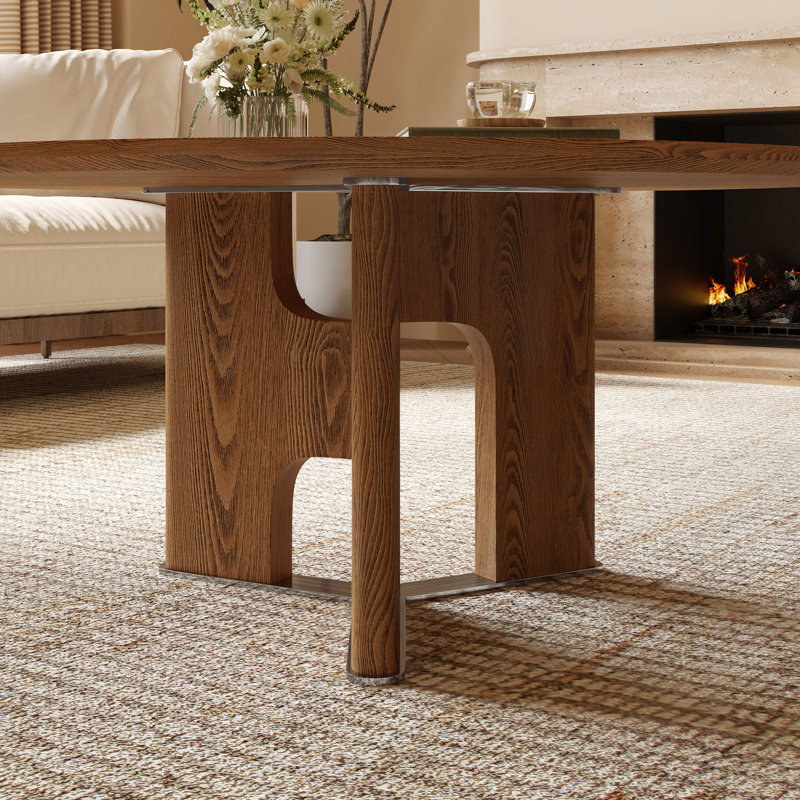 Table basse 31,5 "ronde en placage de bois de frêne rustique pour petit salon