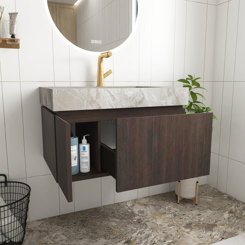Meuble-lavabo de salle de bain à grain de bois espresso de 30 po avec lavabo, armoire de rangement en contreplaqué flottant avec tiroir et porte, plateau en pierre frittée gris clair avec lavabo en céramique, pré-assemblé