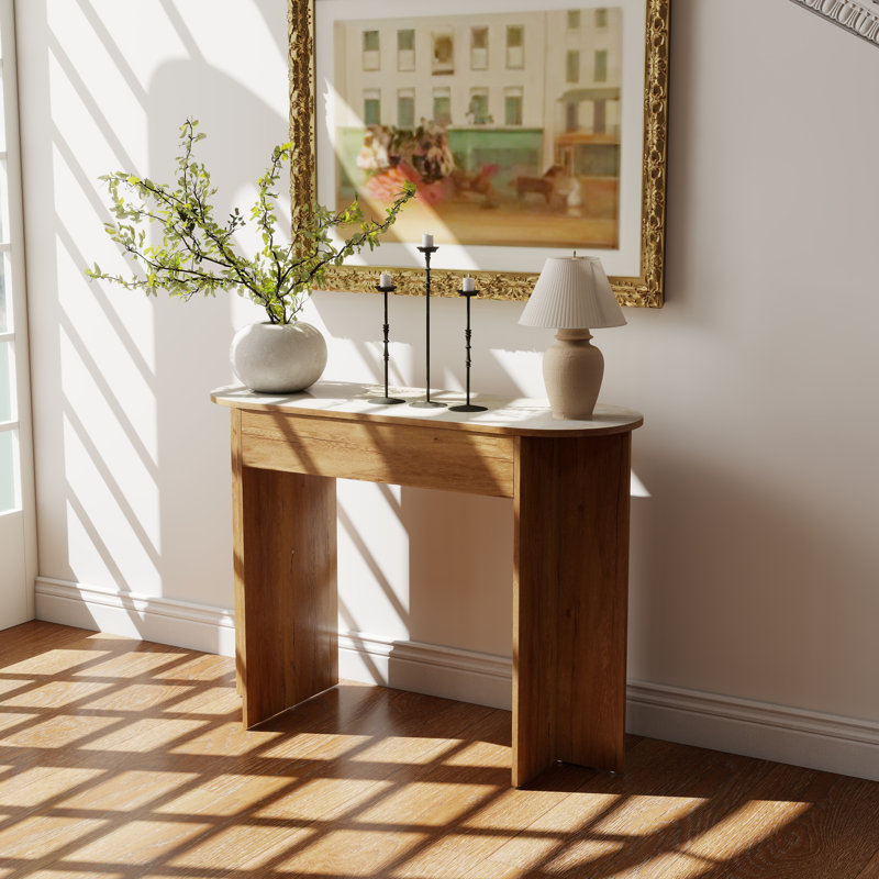 T-Base Console Table - 43" Entryway Table W/ Wood & Marble Veneer - Space-Saving Foyer Table, Walnut