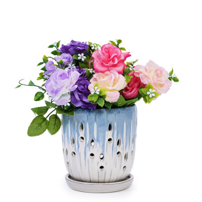 Jardinière en céramique de 8 po en blanc bleu, trou de drainage, idéale pour ajouter de la verdure aux pots de fleurs bleus d'intérieur et d'extérieur, céramique renforcée, finition brillante, environnements de santé des racines