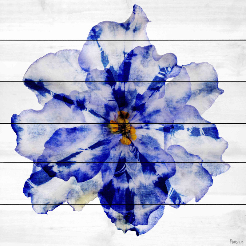 Blue and White Flower Print on White Wood Canvas, 40" x 40"